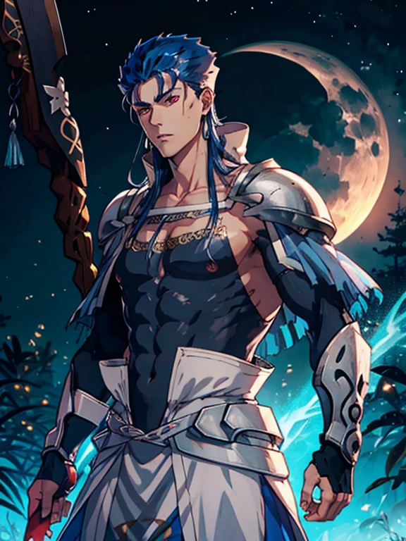 Cu_chulainn_(caster)_(fate go)Ultra detailed, highres, absurdres, HDR, , blue black hair, red eyes, mole under his eye, , handsome, 1 man only, moon,red lance, blue clothes, short hair