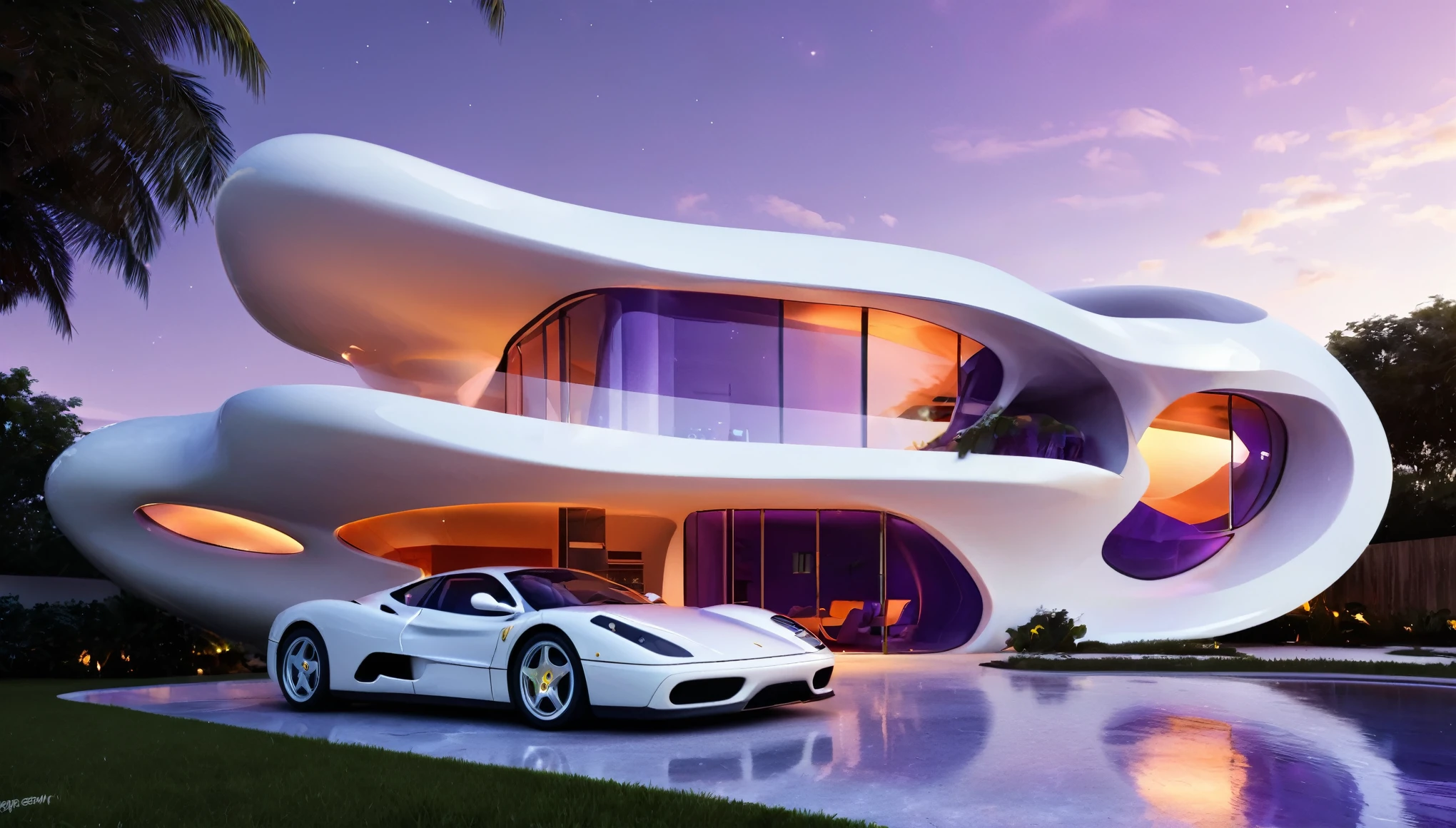 a futuristic house with a white Ferrari testarossa parked in front of it, cgsocietywlop, beautiful curves, intricate devilish designs, qualia, interesting shapes & form, wow factor, elaborate polished, architectural rendering, miami, bioluminescent, colorfull, glow fluid, purple and orange soft lighting in interior of house, futuristic battlefield, inspired by James E. Brewton, precise architectural rendering