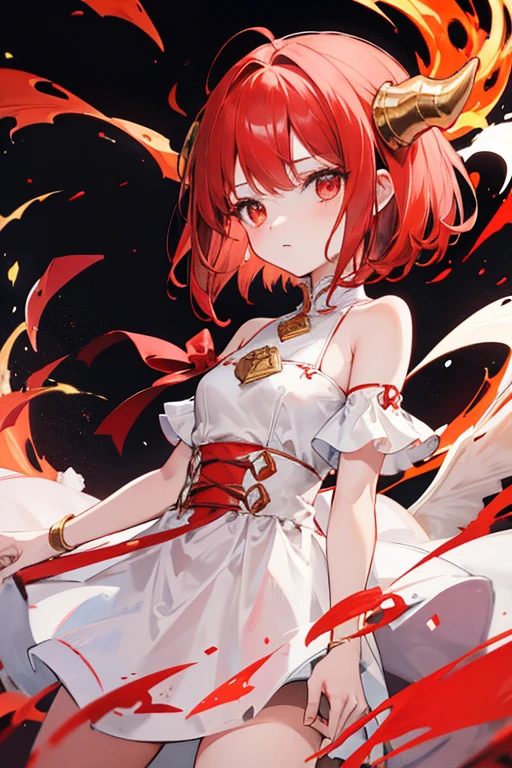 Cute girl with short red shoulder-length hair with dragon horns and fire around, with a white dress with red and brown with gold details with a small dragon on the shoulder, dress similar to that of a medieval period