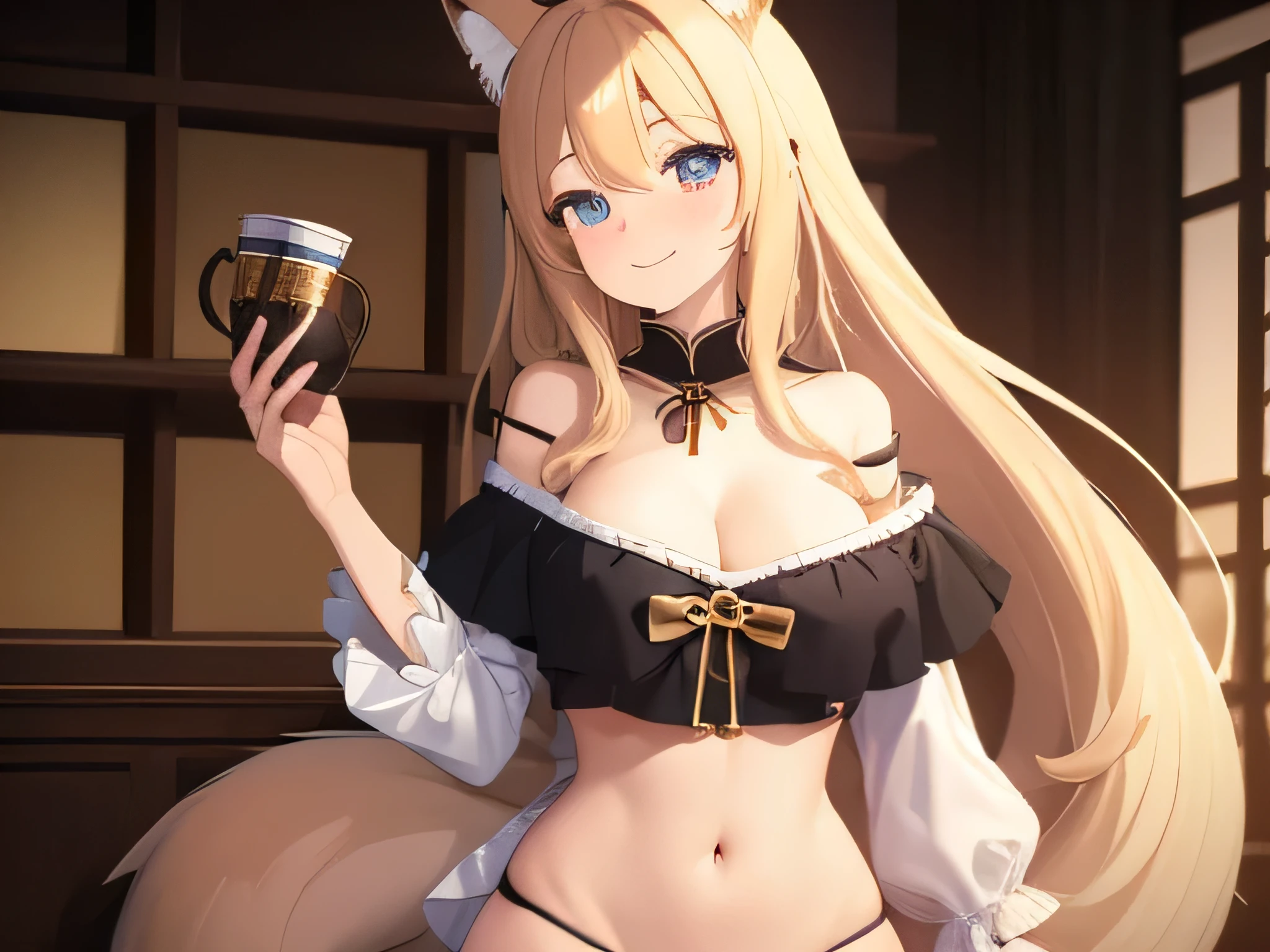 ((best quality)), ((masterpiece)), (detailed), 1 Girl, Off-shoulder ,Smile,Long hair,gentle,Anime style,big eyes,K cup,Revealing clothes,clear nipples,Chinese,Low collar,Fox ears,Mature,Sexy,blush,Foxman,Showing breasts,Combing the tail,underwear,Get wet