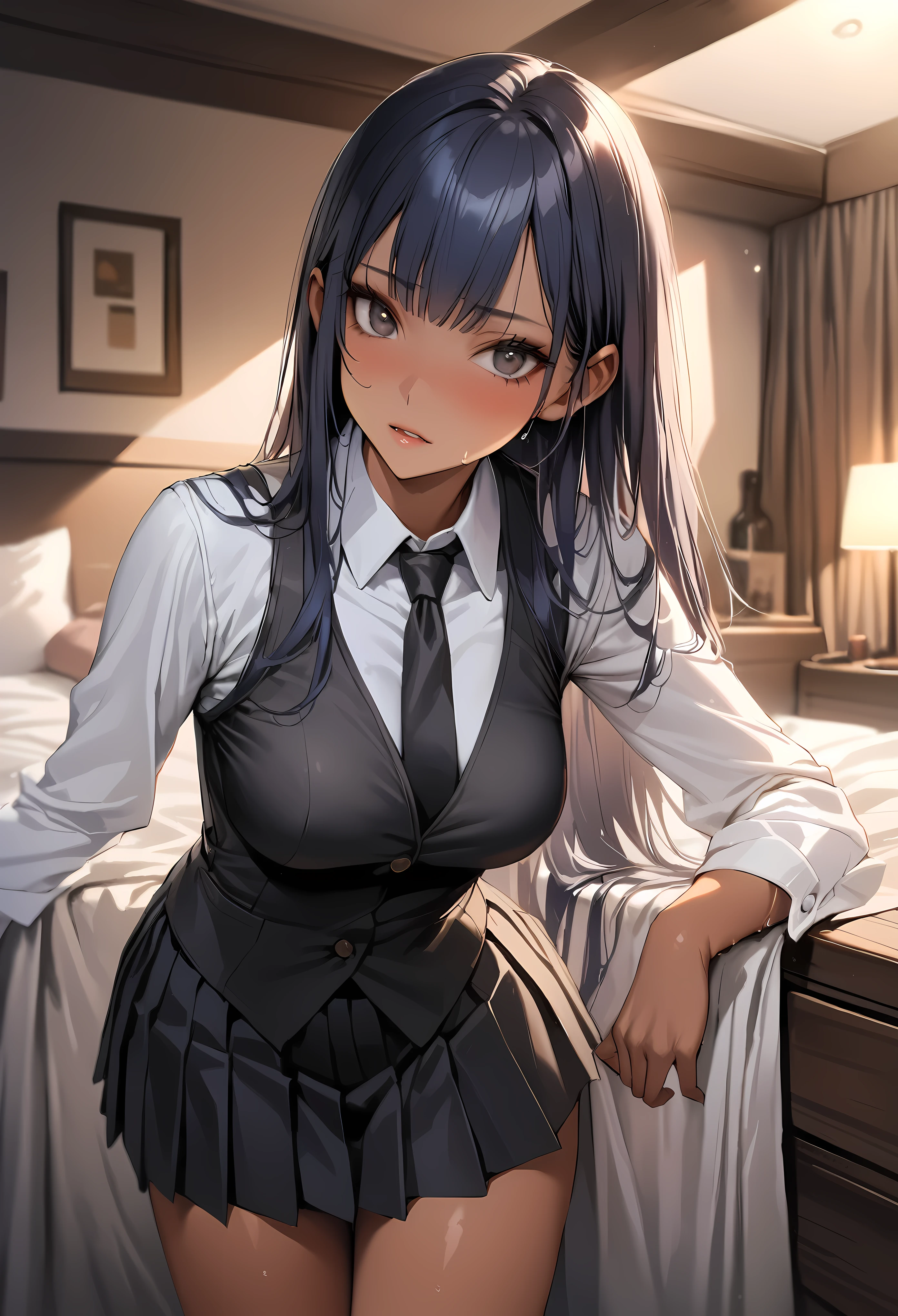 ((masterpiece,Highest quality:1.3,best quality illustration)),realistic,1woman,(20 year old beauty),((very small head:1.3)),ideal ratio body proportions,dark blue hair,straight long hair,bangs,black eyes,gorgeous big eyes,((tan skin,skinny)),(Black vest、Black tie、White collared shirt、Long sleeve、Black pleated mini skirt)),medium breasts,gleaming skin,slender body,sweat,standing,Simple bedroom,Shinjuku、Tokyo、nsfw,