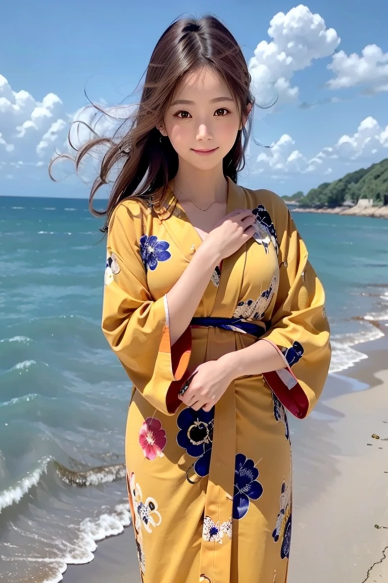 girl in yellow floral yukata robe, yellow floral kimono, wave at the camera, long hair, (8k, top quality, high definition, the best masterpiece, no light, childish face, small breasts, balance carefully, I'm watching my audience, big eyes, bilateral symmetrical eyes, laugh showing teeth, Yukata, Japan kimono, yellow floral kimono, yellow floral yukata, realistic skin, hydrated skin, perfect model body type, photorealistic, raw photo, japan girl, super cute, upper body image, front pose)