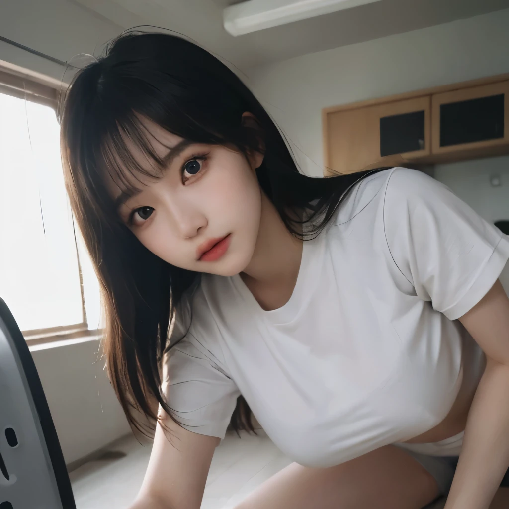 Highest quality、Cinematic lighting、((High school girls))、((Volleyball Club))、(バレーボールの制服を着ているbeautiful girl)、Gymnasium background、Covered in sweat, her clothes are transparent and her skin is visible、、Long Hair Style、Black Hair、Rear view、(Masterpiece)、(beautiful girl)、I can see your thighs、(Sexually pre)、(nsfw:1.15)、On all fours、With legs spread、Looks like a Korean idol、((誘惑してくるbeautiful girl:1.1))、
