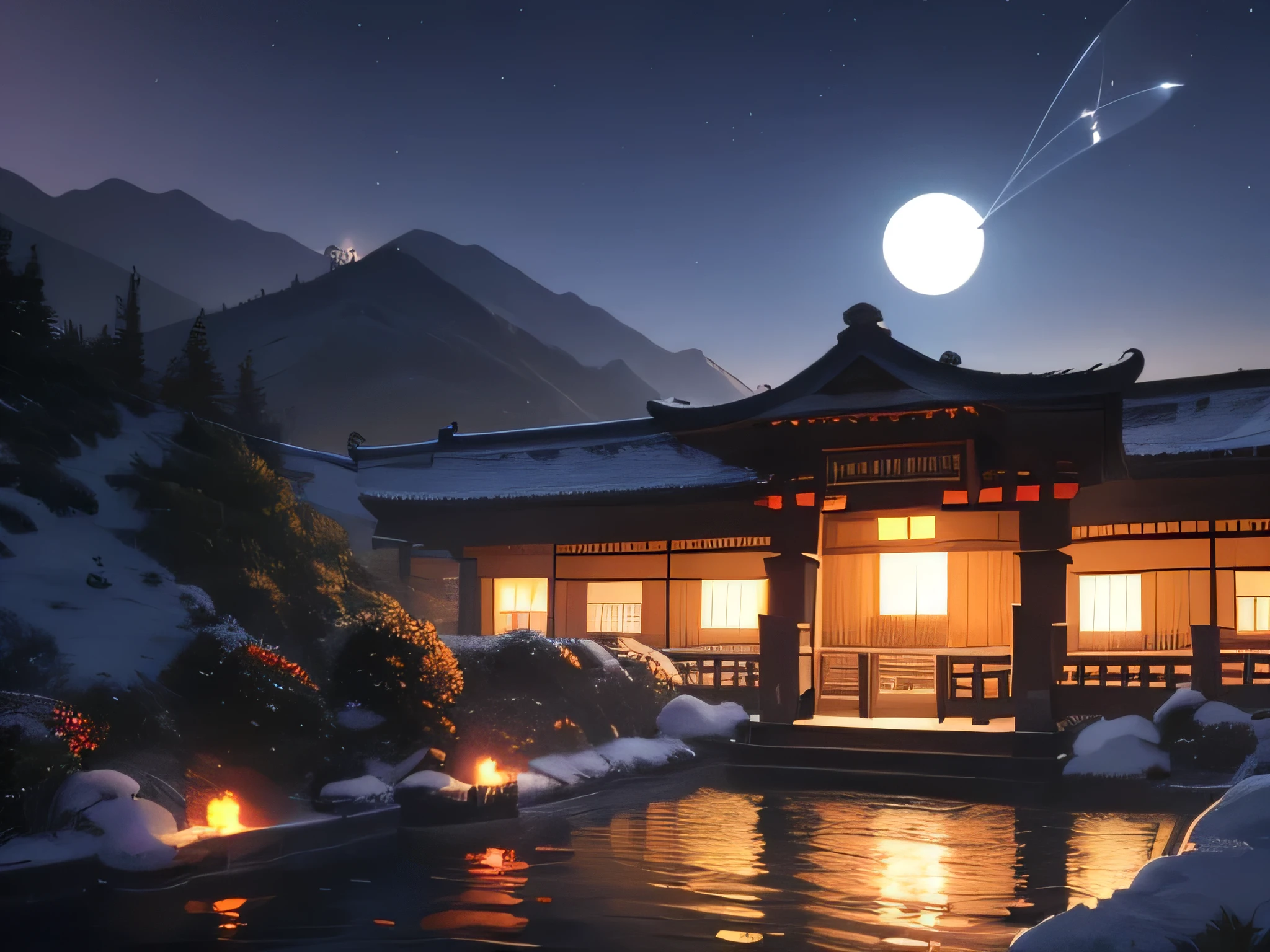 Chinese scenery, ((hot spring)), (Blizzard), (firefly), (Paper Kite), (midnight), (moon), Hilltop Shrine, ((flower)), Beautiful scenery, Realistic lighting, masterpiece, high quality, Beautiful graphics, High Detail,