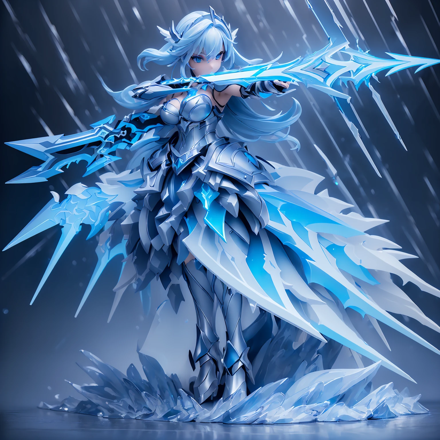 (((masterpiece, best quality, high detailed, 16k))) Design a Gaming character, (1girl). Silver+Blue armor, stylish and unique. ((showcase weapon:1.4)), lightning spear. (masterpiece:1.2), (best quality), (luminous lighting, atmospheric lighting). storm mage, ((glove full hands)), vambraces, armored legwear, (((full_body_shot:1.4))). (During a thunderstorm)