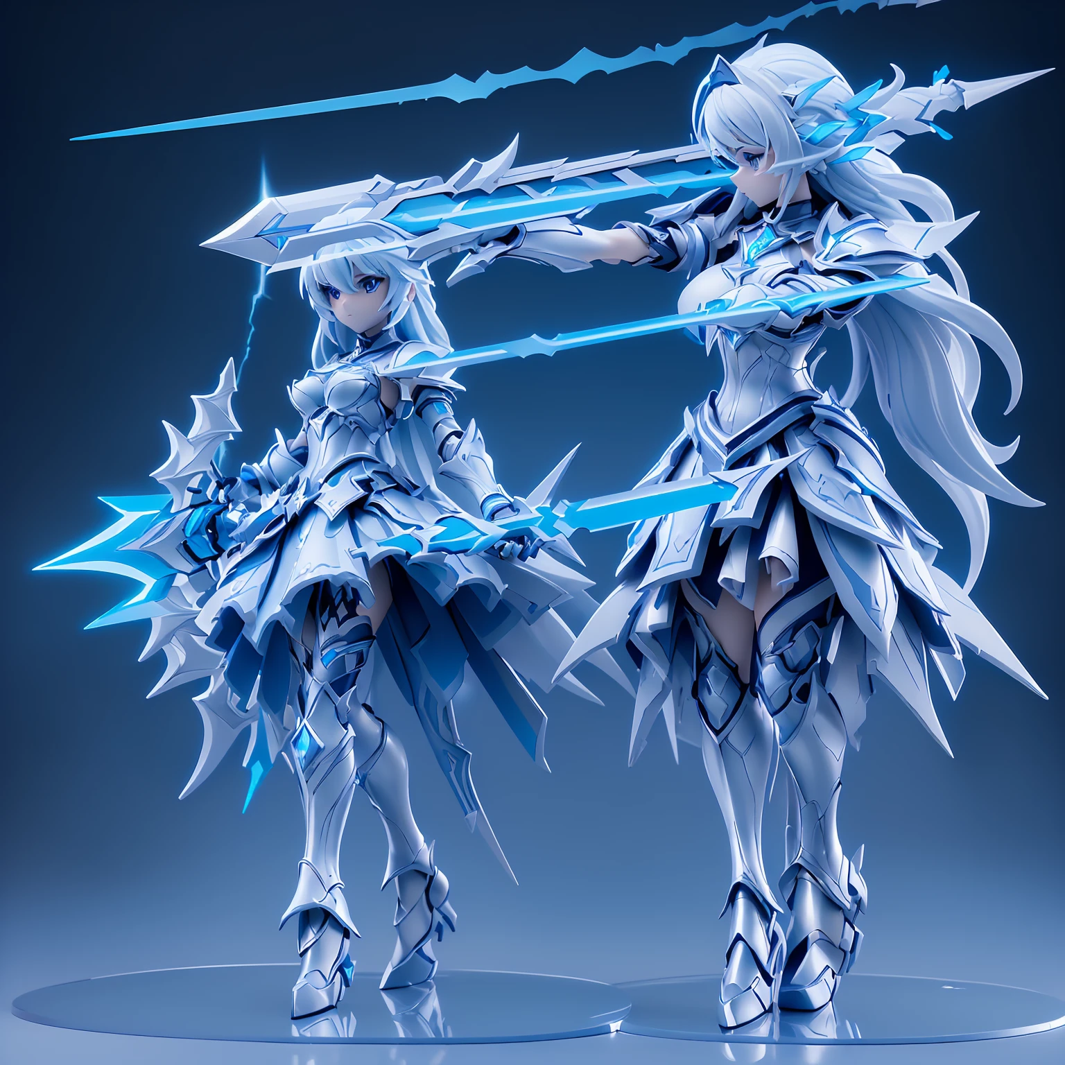 (((masterpiece, best quality, high detailed, 16k))) Design a Gaming character, (1girl). Silver+Blue armor, stylish and unique. ((showcase weapon:1.4)), lightning spear. (masterpiece:1.2), (best quality), (luminous lighting, atmospheric lighting). storm mage, ((glove full hands)), vambraces, armored legwear, (((full_body_shot:1.4))). (During a thunderstorm)