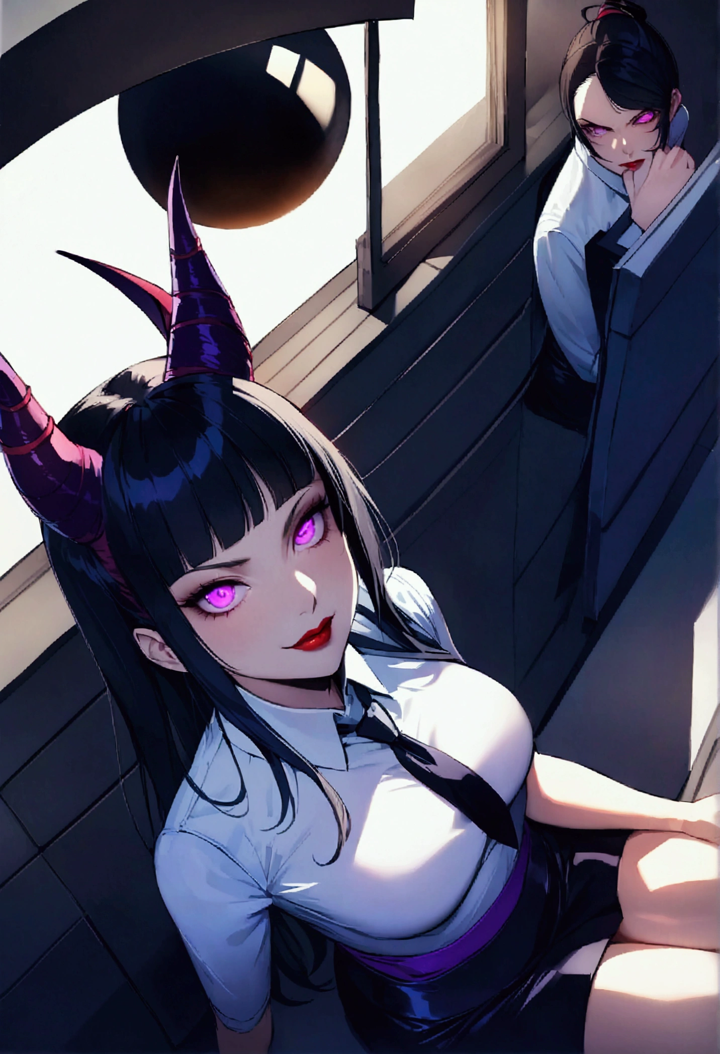 juri han, work of art, tight white secretary shirt with black tie, black high waist skirt, short skirt,stocking, black hair, black tightscary sun,office,bangs on the eyes,Lighting,horn of hair,view from above,staring overhead,evil smile,sitting,cross legs,glowing purple eyes,red lips,The eyes