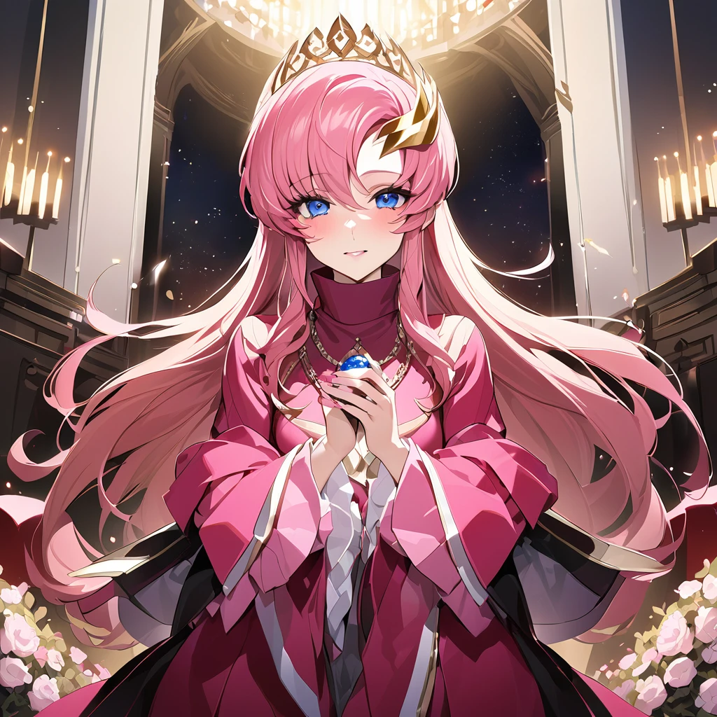 ((Highest quality)), ((masterpiece)), (detailed), (Perfect Face)、The woman is Lacus Clyne, the wife of the leader of a mysterious cult. She has blue eyes, medium-long pink hair, a hair accessory, is wearing the mysterious, luxurious cult clothing of the mysterious religious organization, a necklace and accessories with mysterious devil symbols, a luxurious head chain tiara, and an engagement ring.、The woman is the wife of a middle-aged, bearded cult leader whom she greatly admires.、He is standing at the altar of a cult with a mysterious cult leader dressed in luxurious cult leader clothing.