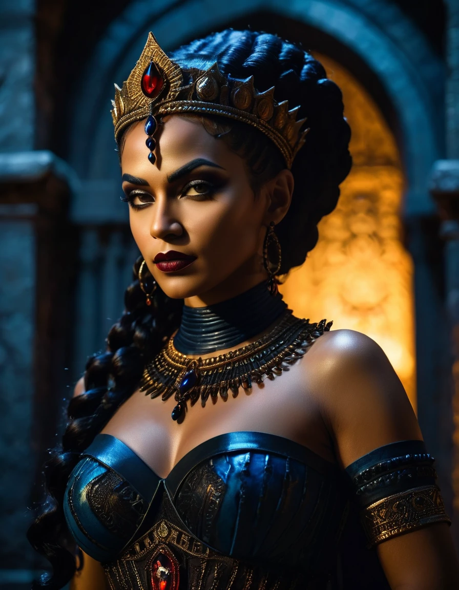 a beautiful woman with a smirk on her face,queen of the damned,dark fortress,dynamic pose,dark,eerie,intricate,highly detailed,cinematic lighting,dramatic shadows,rich colors,photorealistic,80mm portrait lens,masterpiece,elegant,mesmerizing,powerful,intense gaze