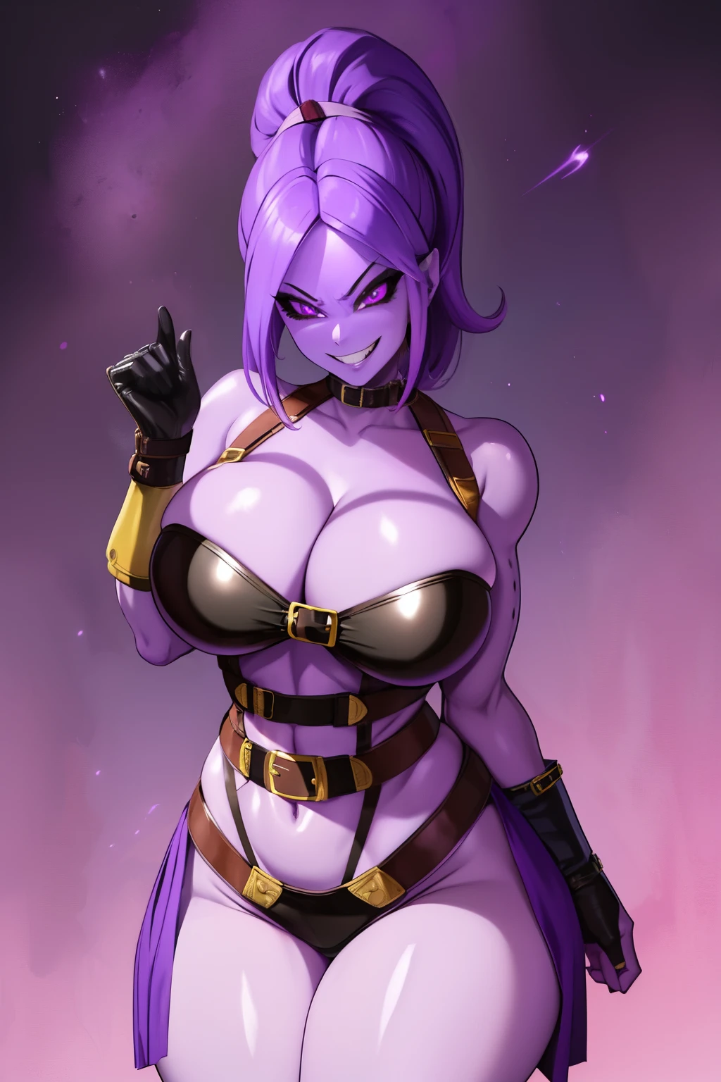 Fmajin, purple skin, solo, cowboy shot, solo, purple hair, smiling, black sclera,
Leather gear, Black thong, belt with the letter M, Leather straps, cleavage, thick and curvy,
(insanely detailed, beautiful detailed face, masterpiece, best quality)