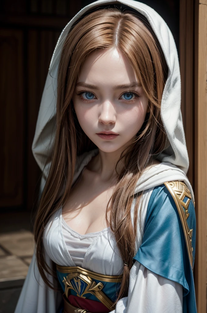 A full-length photo of Princess Zelda, chestnut hair, blue colored eyes, dressed as an assin from Assins Creed, blank+gold with white mask and hood with gold details, XL Bust, using a wrist blade. fund: A city during the Renaissance period. unreal motor 5, アニメ, anime styling, work of art, well drawn eyes, nicely designed face, pretty detailed eyes, well-detailed face, 8k, Light and Shadow Effect.