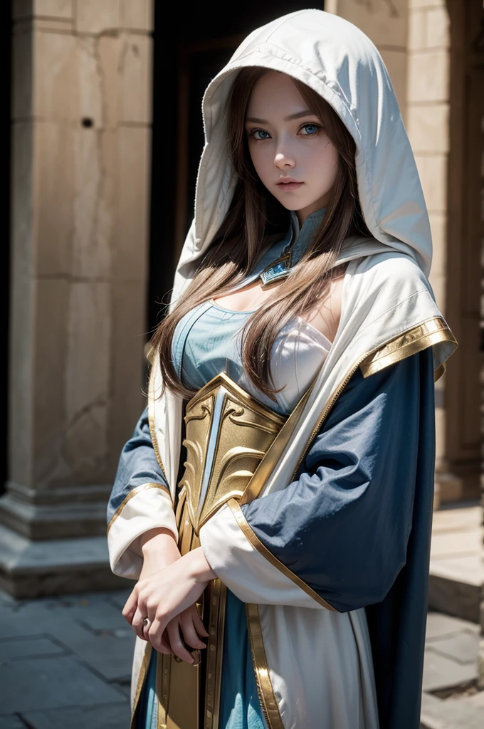 A full-length photo of Princess Zelda, chestnut hair, blue colored eyes, dressed as an Assassin from Assassins Creed, blank+gold with white mask and hood with gold details, XL Bust, using a wrist blade. fund: A city during the Renaissance period. unreal motor 5, アニメ, anime styling, work of art, well drawn eyes, nicely designed face, pretty detailed eyes, well-detailed face, 8k, Light and Shadow Effect.  