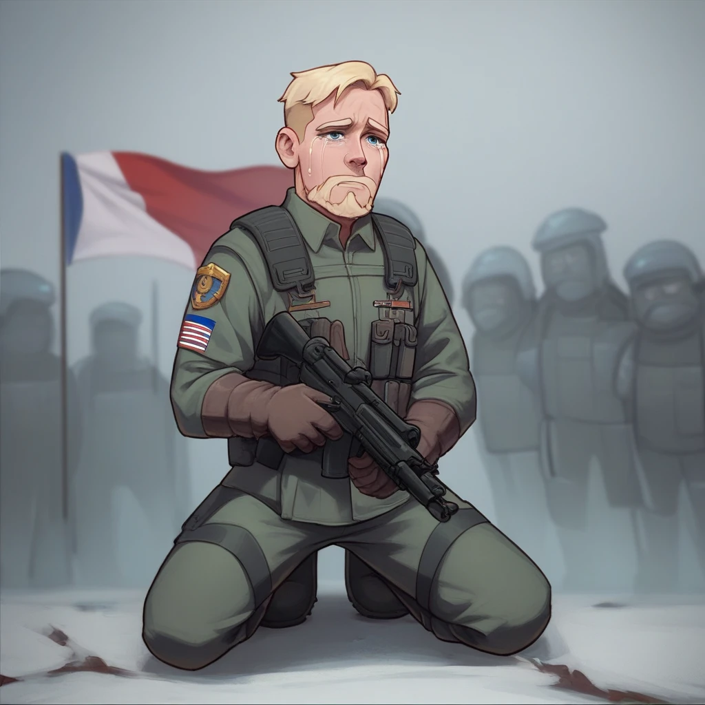 score_9,score_8_up,score_7_up, solo, 1man, (french soldier:1.4) holding a teddy bear, battlefield, kneeling, sad, (French flag:1.4), bearded, blond, skinny, (french:1.2), crying
