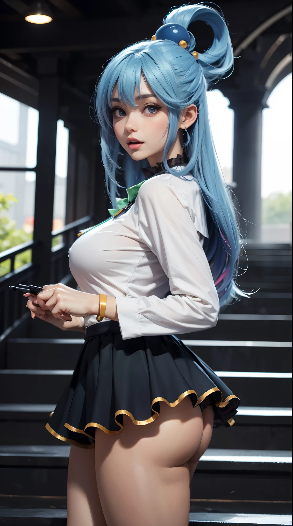 Agua konosuba, bangs, Hair Between Eyes, Multicolored Hair, Hair Tie, Lipstick, Girls, kogal, Makeup, BREAK Skirt, Shirt, Jewelry, , clavicle, White shirt, Pleated skirt, Collared shirt, Mini skirt, Bracelet, black skirt, Naughty big、big full breasts、BREAK looking at the viewer, Full body, BREAK (masutepiece:1.2), Best quality, High definition, Unity 8k wallpapers , (Illustration: 0.8), (Beautiful detailed eyes: 1.6), extremely detailed face, Perfect lighting, extremely detailed CG, (Perfect hands, Perfect anatomy), Open mouth smile、Stand on the escalator, (Up) escalator), ( lower body shot), Focus on hips, (shot from below: 1.3), (back view: 1.3)、 (black panties: 1.3)、(Rolling skirt: 1.3)、(Fully exposed panties: 1.5), outdoor、 outside the house