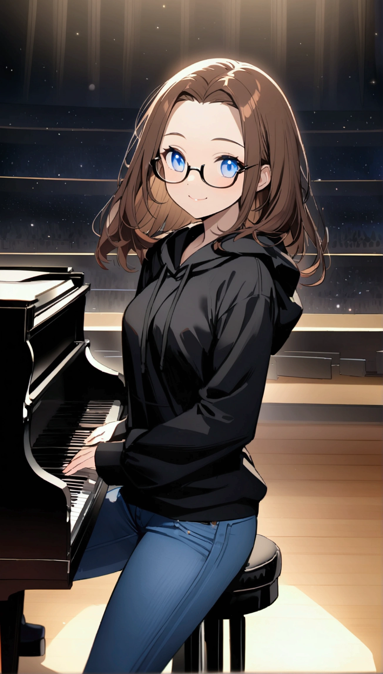 Alone, one person, anime woman (shoulder-length brown hair, blue eyes, black hoodie, jeans, dark-rimmed glasses, clear forehead, smiling) plays on a beautiful black piano. Sits on a piano stool. In the background a large, magnificent concert hall. Noble. Star lighting.