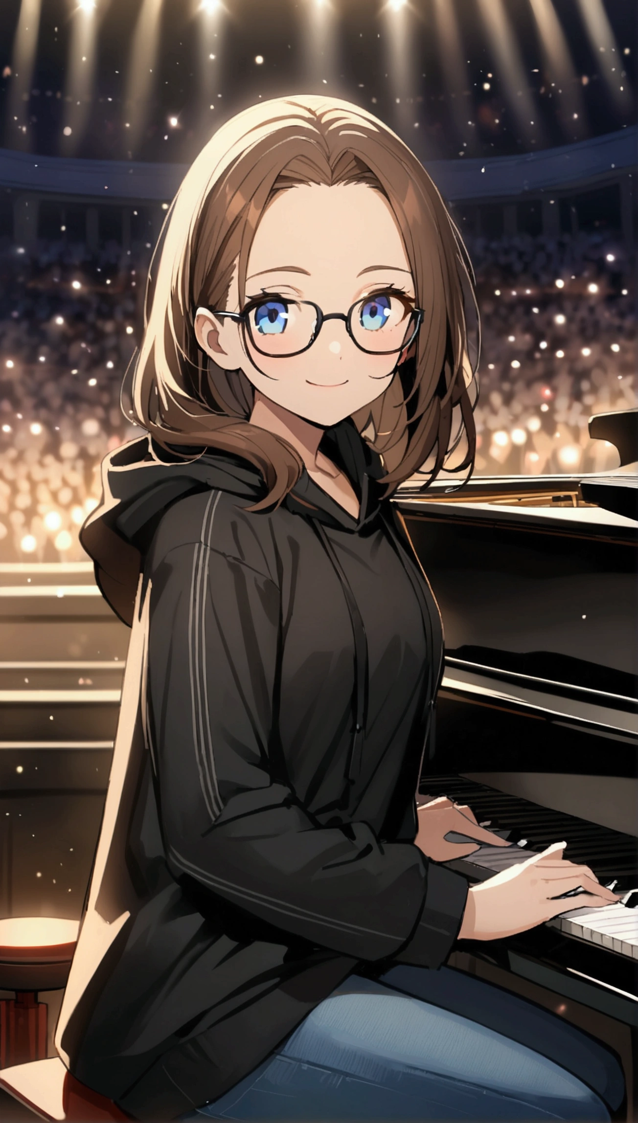 Alone, one person, anime woman (shoulder-length brown hair, blue eyes, black hoodie, jeans, dark-rimmed glasses, clear forehead, smiling) plays on a beautiful black piano. Sits on a piano stool.  In the background a large, magnificent concert hall. Noble. Star lighting.