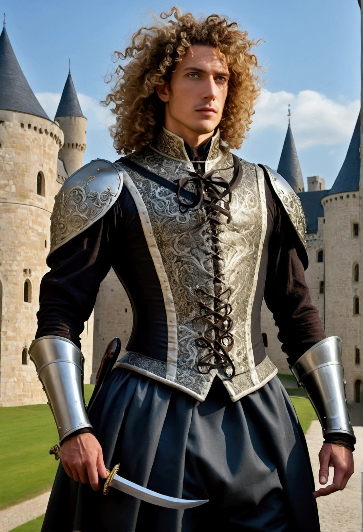 tall stately knight with curly curly hair in a corset, Middle Ages, Castle in the background, ((masterpiece)), ((Best quality)), (ultra detailed),(monster),(((many slippery tentacles wrap around the body and climb under the skirt)),