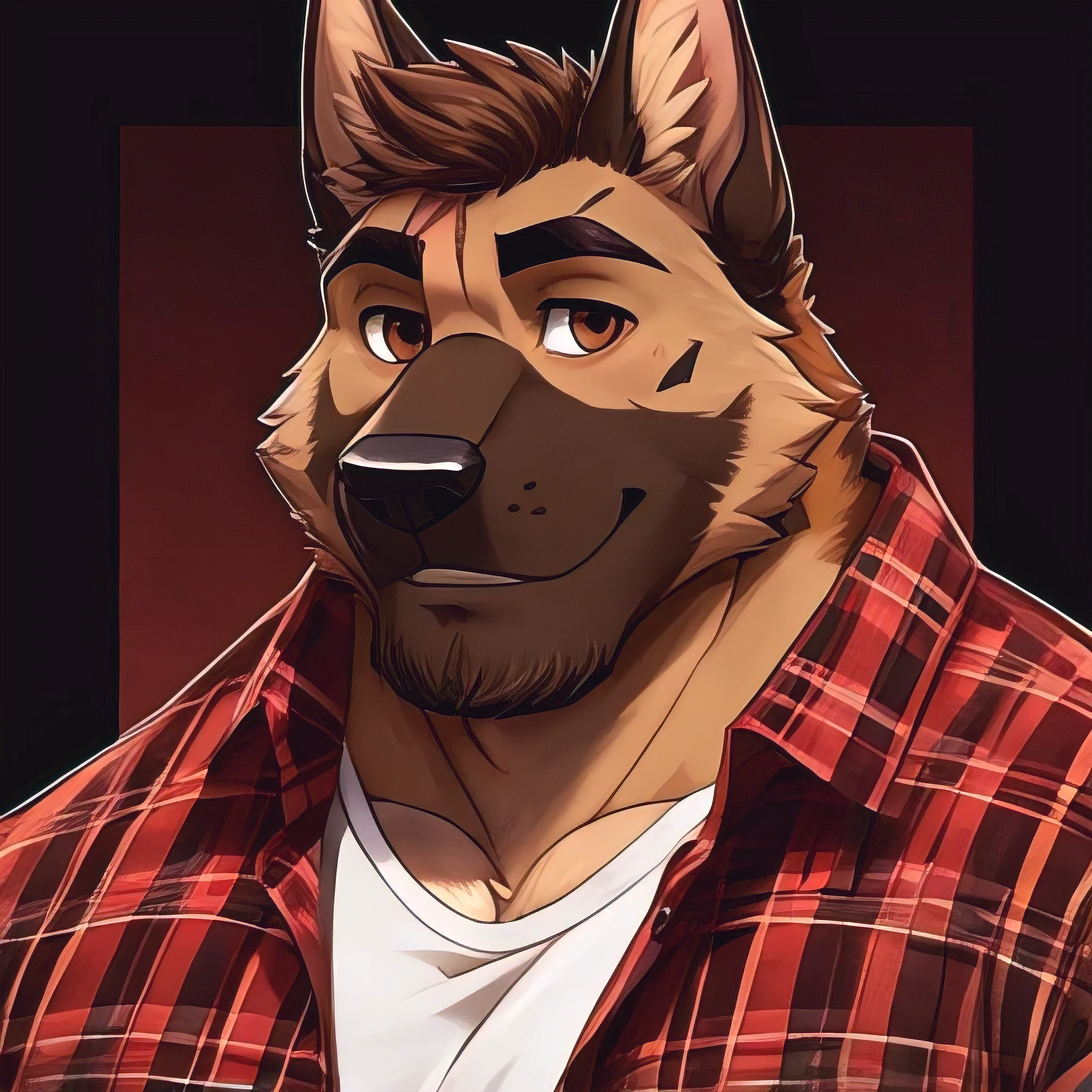 German Shepard Anthro, Male, Scar on right eyebrow, Chubby, Muscular arms, Dark Brown fur, Brown hair, brown eyes, short brown beard, Wearing a button up flannel shirt, weird fur pattern,