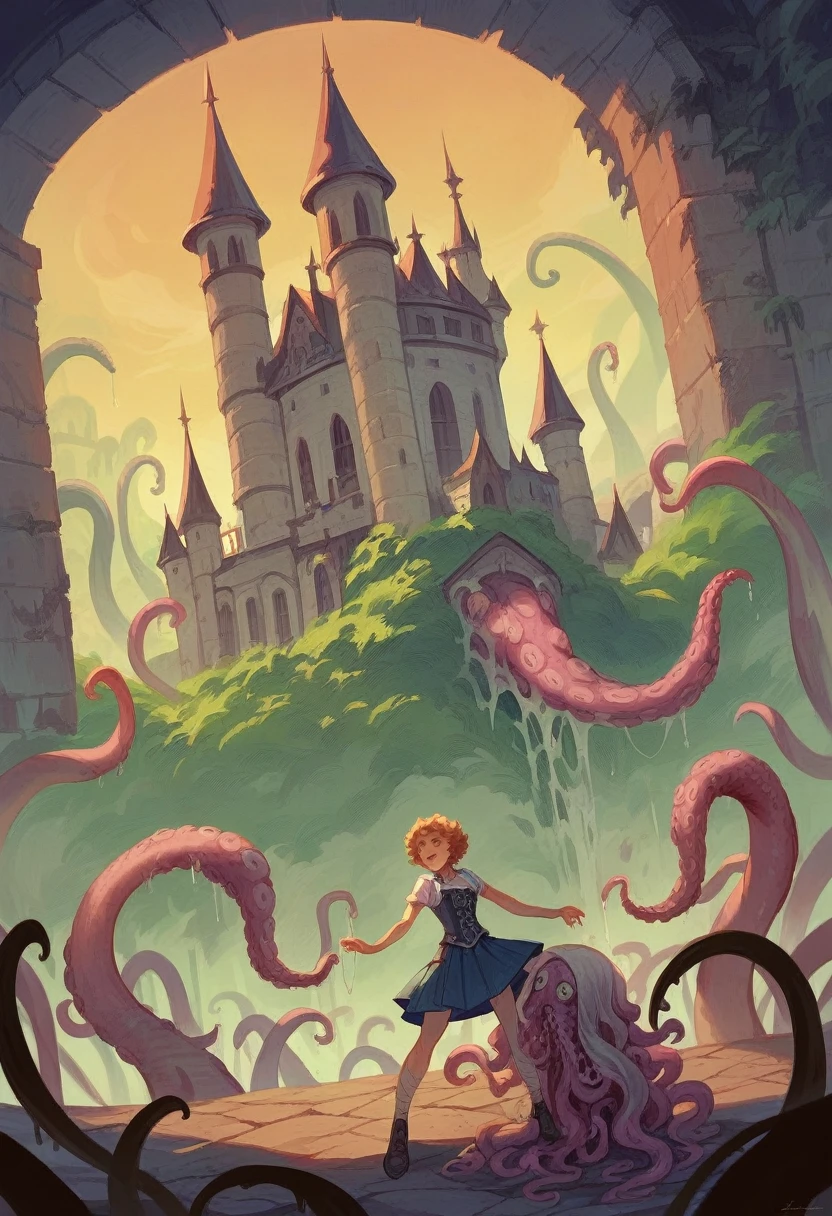 tall stately knight with curly curly hair in a corset, Middle Ages, Castle in the background, ((masterpiece)), ((Best quality)), (ultra detailed),(monster),(((many slippery tentacles wrap around the body and climb under the skirt)),