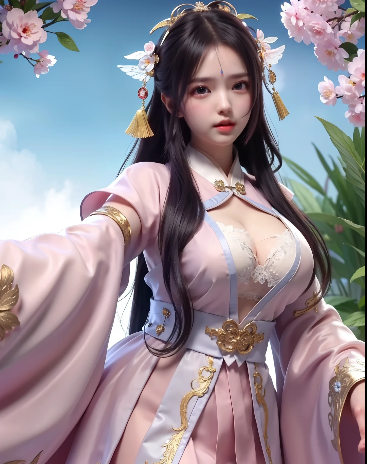 (8k, RAW photo:1.2), best quality, ultra high res,dramatic angle,(fluttered detailed color splashs), (illustration),(((1 girl))),(long hair),(rain:0.9), (Headdress:1.4),There is an ancient palace beside the girl,Hanfu,(Key Points),Color ink painting,(Splash of Color),Splash of Color,(((colorful))),(sketch:0.8) , Masterpiece, best quality, beautiful painted, highly detailed,(denoising:0.6),[splash ink],((ink refraction)), (beautiful detailed sky),moon,highly,detaild,(masterpiece, best quality, extremely detailed） CG Unity 8k Wallpaper，masterpiece，best quality，Ultra Detailed），（Lycoris）. hanfu open v   open V-chested clothes Thin silk lace dress , (huge ，cleavage),, white pink, blue ，best qualtiy，tmasterpiece，Ultra-high resolution，（Reality：1.4），RAW photogr，（True skin texture：1.3），（filmgrain：1.3），（Selfie angle），1个Giant Breast Girl，Beautiful eye and face details，tmasterpiece，Best quality at best，，The chest more exposed， detailed hair, bra pink , detail 8k, upper body, lace petticoat