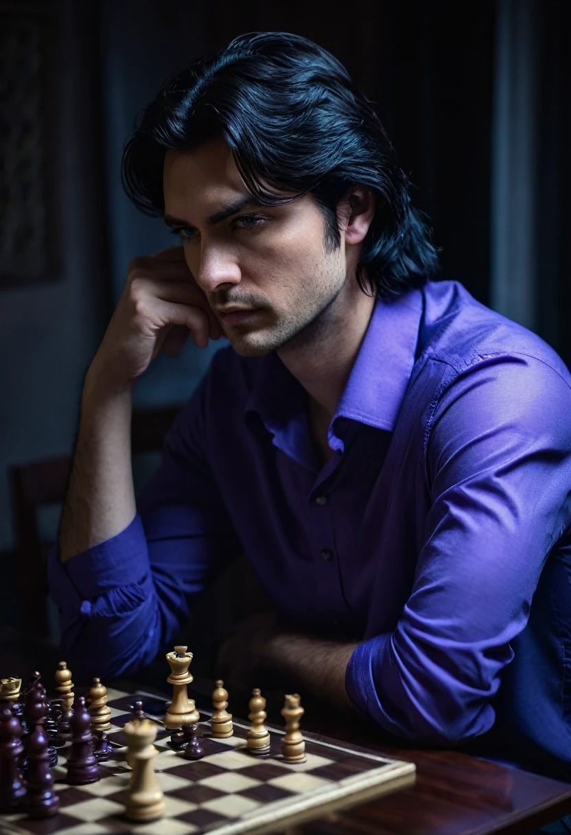 Handsome man, with medium length black hair, blue eyes, purple shirt, playing chess alone, dark atmosphere, dark, foggy, darkness, whole body, living room in the background