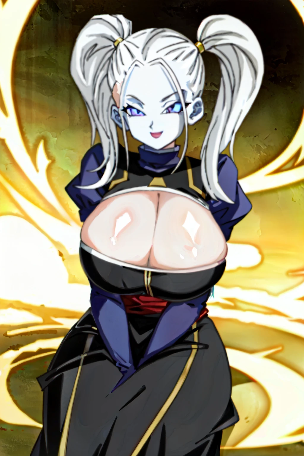(extremely detailed CG unity 4k wallpaper),(masterpiece),(best quality),(ultra-detailed),(best illustration),(best shadow),(absurdres),(detailed background), Marcarita (Angel of Universe 11), NSFW, Marcarita (Angel of Universe 11), 1girl, blue skin, solo, twintails, purple eyes, colored skin, breasts, smile, long hair, looking at viewer, large breasts, huge breasts, huge cleavage, sitting, puffy sleeves, white hair, long sleeves, dress