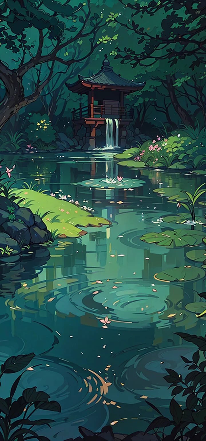 The image you provided depicts a serene and lush garden scene. It features a traditional Asian-style pavilion next to a waterfall that flows into a tranquil pond. The pond is adorned with lily pads, and the surrounding flora is dense with various shades of green. Pink flowers add a splash of color, and the reflection of the scene on the water's surface creates a symmetrical harmony. This detailed illustration captures nature's beauty and conveys a peaceful atmosphere. 🌸🏞️

