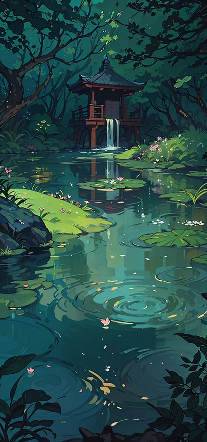 The image you provided depicts a serene and lush garden scene. It features a traditional Asian-style pavilion next to a waterfall that flows into a tranquil pond. The pond is adorned with lily pads, and the surrounding flora is dense with various shades of green. Pink flowers add a splash of color, and the reflection of the scene on the water's surface creates a symmetrical harmony. This detailed illustration captures nature's beauty and conveys a peaceful atmosphere. 🌸🏞️