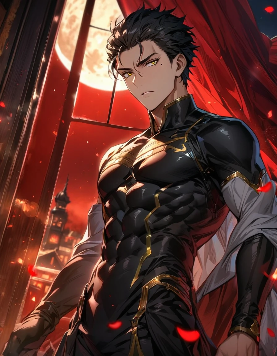 Ultra detailed, highres, absurdres, HDR, Diarmuid Ua Duibhne, black hair, golden eyes, mole under his eye, Fate Zero, handsome, 1 man only, red curtains, moon, window, petals, 