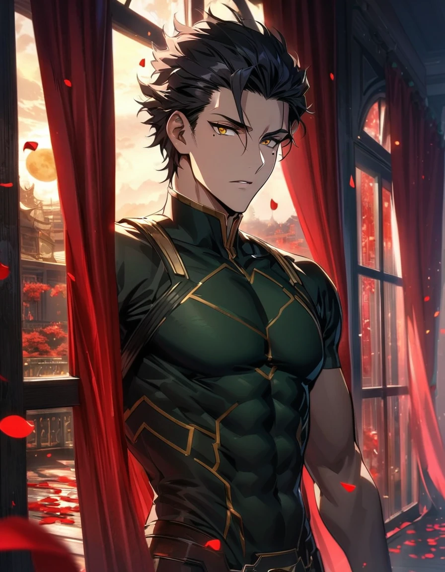 Ultra detailed, highres, absurdres, HDR, Diarmuid Ua Duibhne, black hair, golden eyes, mole under his eye, Fate Zero, handsome, 1 man only, red curtains, moon, window, petals,