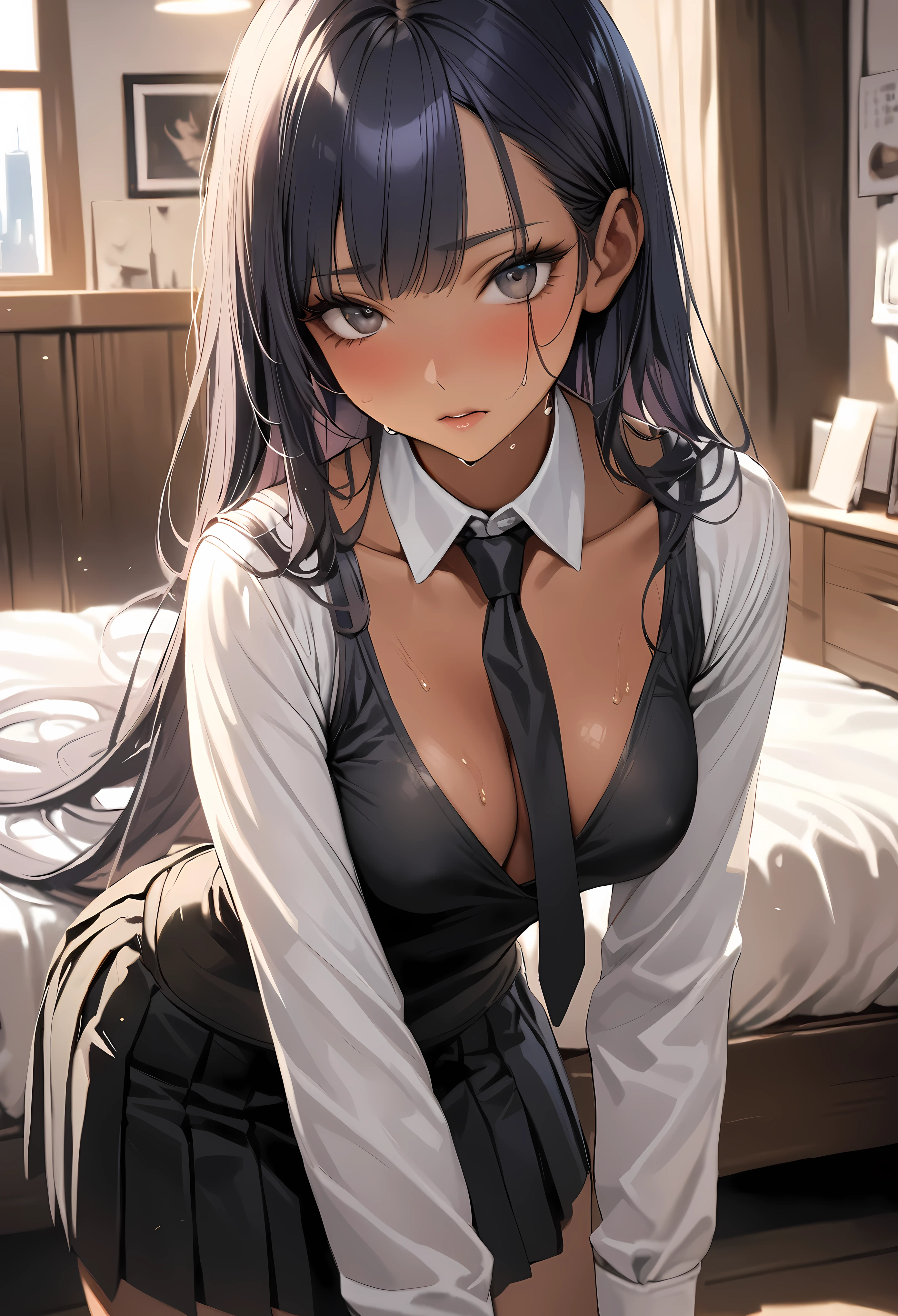 ((masterpiece,Highest quality:1.3,best quality illustration)),realistic,1woman,(20 year old beauty),((very small head:1.3)),ideal ratio body proportions,dark blue hair,straight long hair,bangs,black eyes,gorgeous big eyes,((tan skin,skinny)),(Black vest、Black tie、White collared shirt、Long sleeve、Black pleated mini skirt)),medium breasts,gleaming skin,slender body,sweat,standing,Simple bedroom,Shinjuku、Tokyo、nsfw,