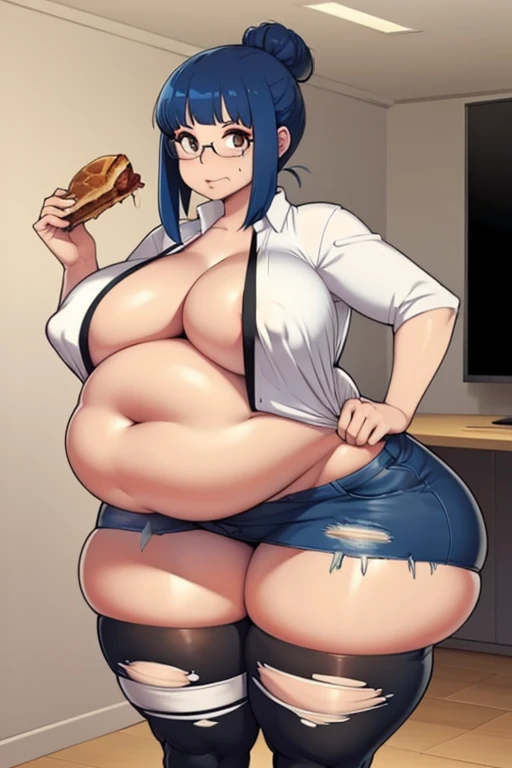 Curvy body, anime girl, blue hair, big thighs, tall, fat , gigantic bre tight and ripped clothes, eating and burping, looking at viewer, very wide hips, gamer girl, glasses, mini skirt, thigh socks, small shirt, weight gain.