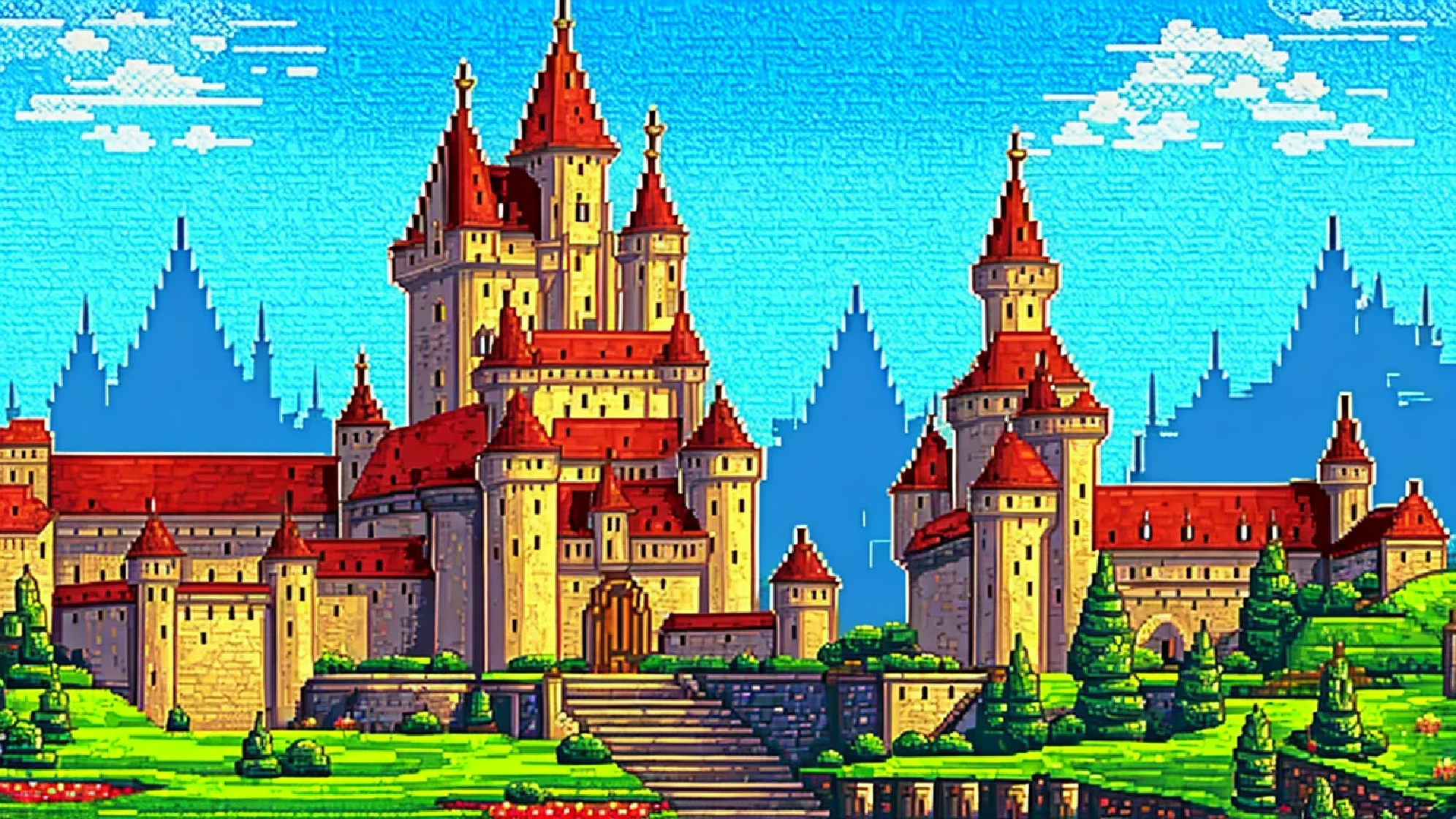 background, Werdenburg - Main Kingdom, Large castle with high towers, wide streets and lush gardens,  style game of thrones and the witcher, pixelart style