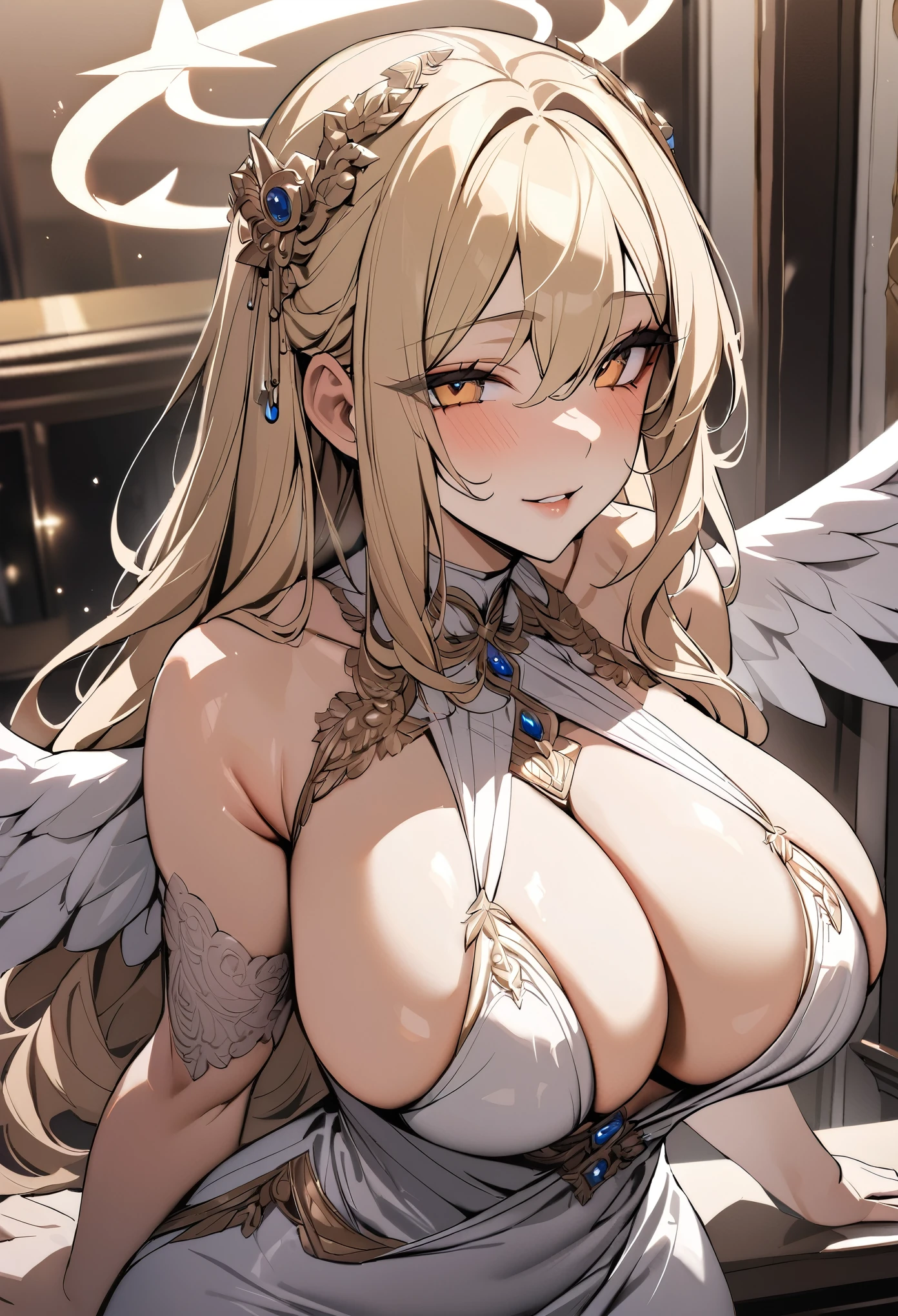 (masterpiece, best quality, very aesthetic, ultra detailed), intricate details, 1girl, angel, long blonde hair, angel wings, halo, scantly clothed, lustful look on face, beautiful, curvaceous, voluptuous, elegant silk dress