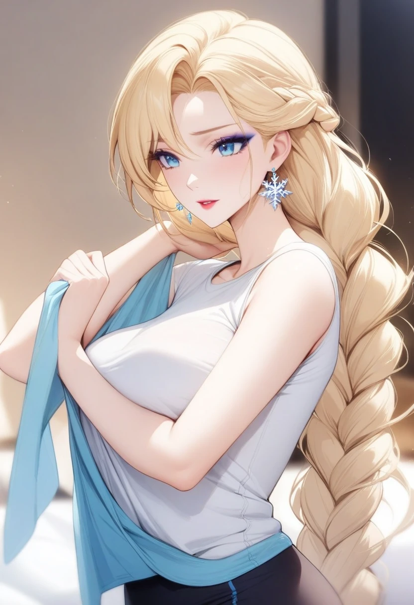 masterpiece, best quality, very aesthetic, absurdres, 1girl, mature_lady,undressing,undressing a t-shirt,hand_up,shirt_lifting,,elsa_(frozen), frozen_(disney), 1girl, blonde_hair, blue_eyes, braid, medium_breasts, single_braid, earrings, snowflake_earrings, eyeshadow, makeup, long_hair, very_long_hair,,floating_hair,