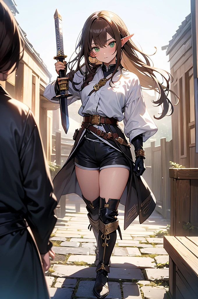 (artistry, best qualityer, ultradetailed, high resolution, 4K),(beautiful detailed eyes),(very highly detailed face),( fully body), (1ガール),HDR, long hair, medieval brown shorts, greeneyes, chestnut hair, longye hair , elf ear, black gloves, elf outfit, warrior, long medieval boots, magician, jewelly, lips, focus only, glaze, White background, holding a short sword, preparing for attack, realisitic, gazing at viewer.