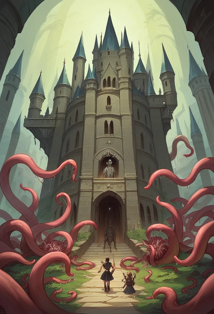 tall, stately knight with curly black hair in a corset, Middle Ages, Castle in the background, ((masterpiece)), ((Best quality)), (ultra detailed),(monster),(((many slippery tentacles wrap around the body and climb under the skirt)),Erotica