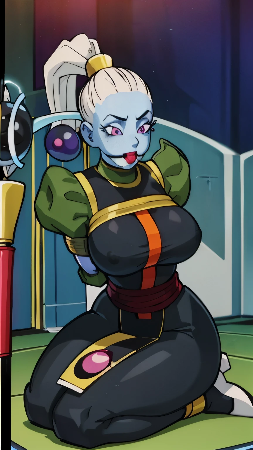 Vados (Angel of Universe 6), NSFW, 1girl, solo, staff, colored skin, blue skin, arm behind back, full body, long hair, hair pulled back, ponytail, , holding, white hair, staff, high ponytail, ojos azules, ojos color azul, Nude, nude, Nwsf, nude, nsfw, gagged, large breasts, huge breasts, massive breasts, heart shaped hips, bondage shibari, manos y brazos atados, bondage shibari, bdsm, Arms tied behind the back, arms behind the back, Arms tied behind the back, muslos atados, patas atadas, Gagged, bound arms, arms behind back, de frente, Ball Gag, bdsm,bondage, gagged, sitting position, Kneeling position, in the room, ball gag color roja, gag de correas, viendo hacia el espectador, looking towards the camera, shrimp position, babear, babeando, saliva en la gag, basement, sonrojada, en celo 