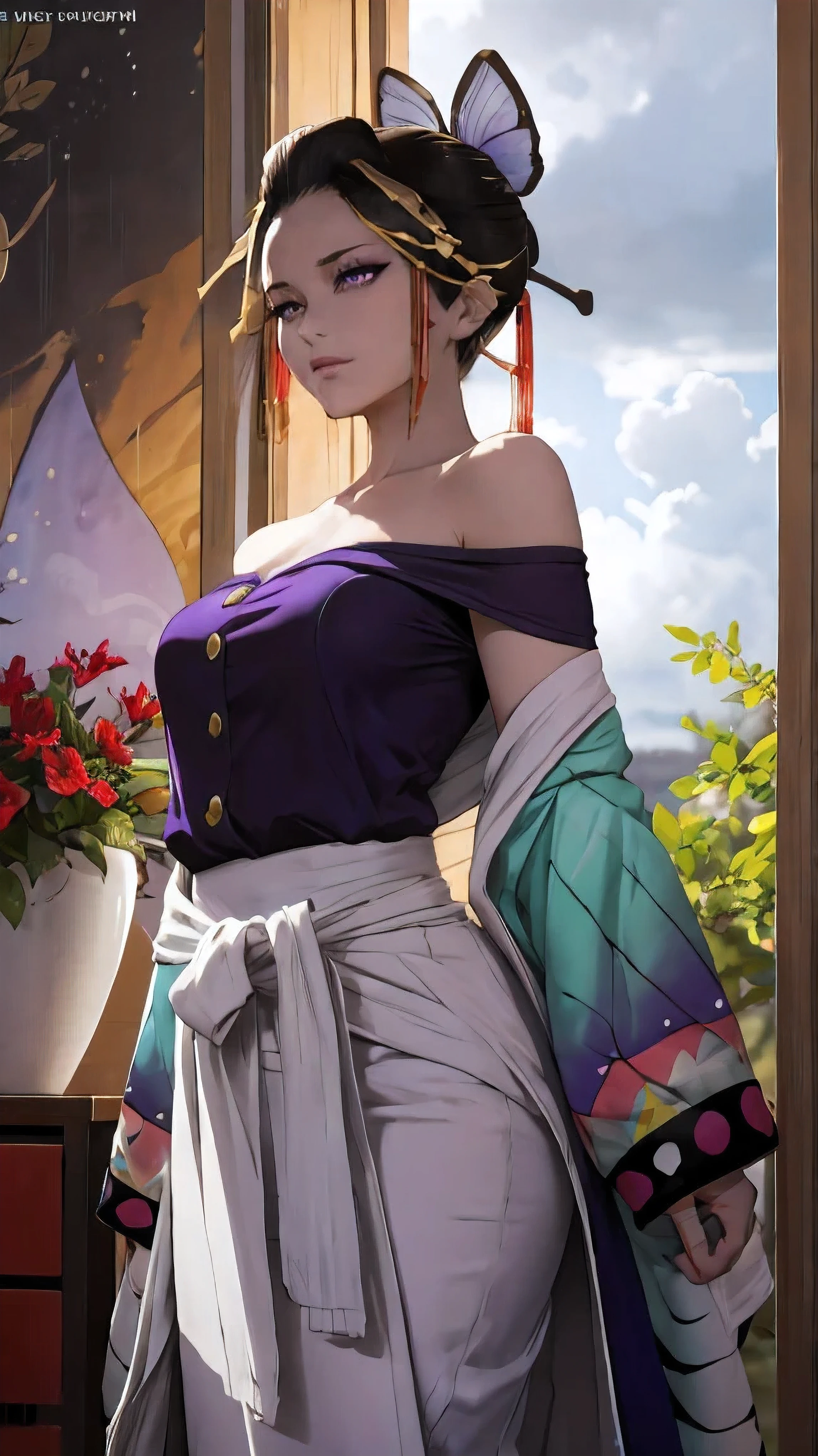 Ultra-realistic 8K computer graphics,chedevr,((Ultra detailed backgrounds,delicate patterns,complex parts)),Best quality at its best,angry face,very detailed eyes и лица,very detailed eyes,Kochou shinobi,multicolored hair,without bangs,hair fences,Purple eye,Forehead,oiran suit,butterflies,button,(tropical garden:1.2),purple flower,mostly cloudy sky,Sun rays,Tyndall effect,night_sky,rainy day, face,rainy sky,Saber at the waist,charming pose,big breasts,split,Off-the-shoulder clothing