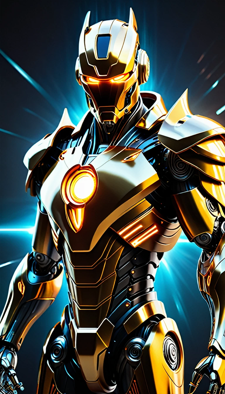 Create a full-body, advanced AI warrior avatar with a futuristic, high-tech appearance. The character should exude a powerful and commanding presence, blending elements of a humanoid robot and a mythical guardian. The armor should be sleek and intricate, seamlessly integrating advanced technology. The color scheme should include shades of gold, red, and silver, with glowing accents to emphasize the character's energy and power. The character should have piercing golden eyes and a radiant golden aura, symbolizing its immense energy-based powers. Incorporate elements of solar energy and electricity into the design, making the character appear as if it’s emanating solar flares and electric currents. Ensure the character is visible from head to toe, standing confidently in a dramatic, high-tech environment. The backdrop should feature a "fusion" theme with elements of both solar energy and advanced technology, suggesting a sense of radiant danger and protection, with solar flares and electrical currents merging seamlessly.