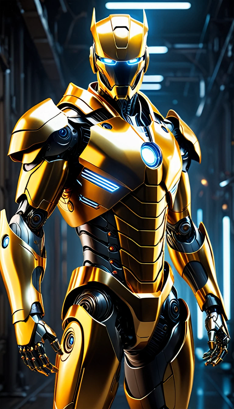 Create a full-body, advanced AI warrior avatar with a futuristic, high-tech appearance. The character should exude a powerful and commanding presence, blending elements of a humanoid robot and a mythical guardian. The armor should be sleek and intricate, seamlessly integrating advanced technology. The color scheme should include shades of gold, red, and silver, with glowing accents to emphasize the character's energy and power. The character should have piercing golden eyes and a radiant golden aura, symbolizing its immense energy-based powers. Incorporate elements of solar energy and electricity into the design, making the character appear as if it’s emanating solar flares and electric currents. Ensure the character is visible from head to toe, standing confidently in a dramatic, high-tech environment. The backdrop should feature a "fusion" theme with elements of both solar energy and advanced technology, suggesting a sense of radiant danger and protection, with solar flares and electrical currents merging seamlessly.
