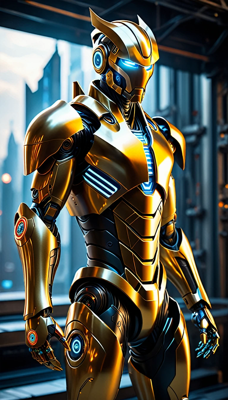 Create a full-body, advanced AI warrior avatar with a futuristic, high-tech appearance. The character should exude a powerful and commanding presence, blending elements of a humanoid robot and a mythical guardian. The armor should be sleek and intricate, seamlessly integrating advanced technology. The color scheme should include shades of gold, red, and silver, with glowing accents to emphasize the character's energy and power. The character should have piercing golden eyes and a radiant golden aura, symbolizing its immense energy-based powers. Incorporate elements of solar energy and electricity into the design, making the character appear as if it’s emanating solar flares and electric currents. Ensure the character is visible from head to toe, standing confidently in a dramatic, high-tech environment. The backdrop should feature a "fusion" theme with elements of both solar energy and advanced technology, suggesting a sense of radiant danger and protection, with solar flares and electrical currents merging seamlessly.