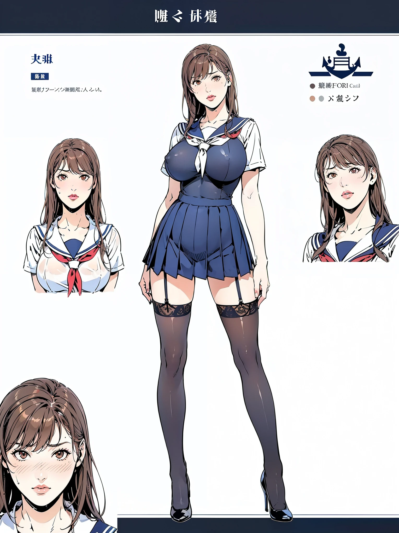 (masterpiece, Highest quality:1.2), One Girl, alone, whole body, Big Breasts,, Brown Hair,Big Breasts, Brown eyes, Mature Woman, ((Character design sheet)),((rough sketch)), blush, Stand near the blackboard, classroom, whole body, Brown Hair, lipstick, ランダムなカラーのSailor suit、((High quality fabric, Sailor suit, Navy Pleated Skirt)), ((Short length)), ((Strong wind from the front)), ((Peeking up a skirt)), ((A skirt flipped up by the wind)), ((White micro panties)), Beautiful thighs,Wet,pubic hair, zettai ryouiki, Exposing your thighs, White skin, (Black garter stockings), ((Wear black high heels)),