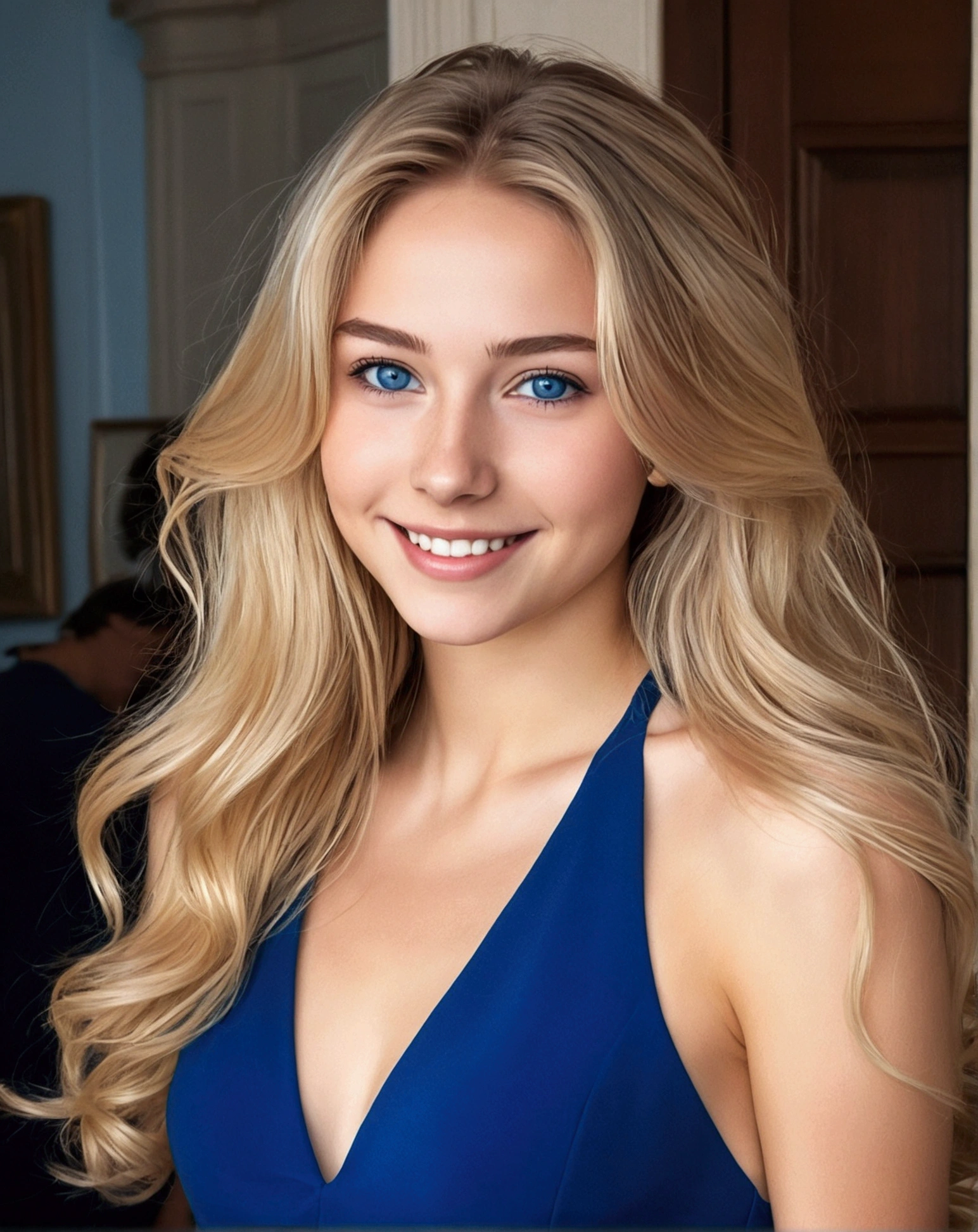 (masterpiece, 32k, realistic effects in the photo) a young woman, thin face, European reference, 19 years old, thin blue dress, (full body photo), deep blue eyes, blonde hair, spectacularly beautiful face, sweet expression on her face and wide smile 1.7, blue dress, flowing hair, big side bottom