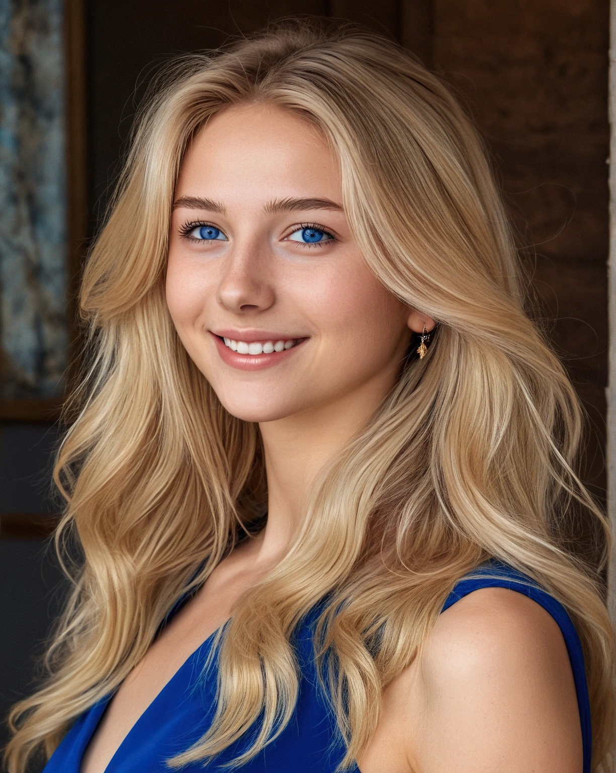 (masterpiece, 32k, realistic effects in the photo) a young woman, thin face, European reference, 19 years old, thin blue dress, (full body photo), deep blue eyes, blonde hair, spectacularly beautiful face, sweet expression on her face and wide smile 1.7, blue dress, flowing hair, big side bottom