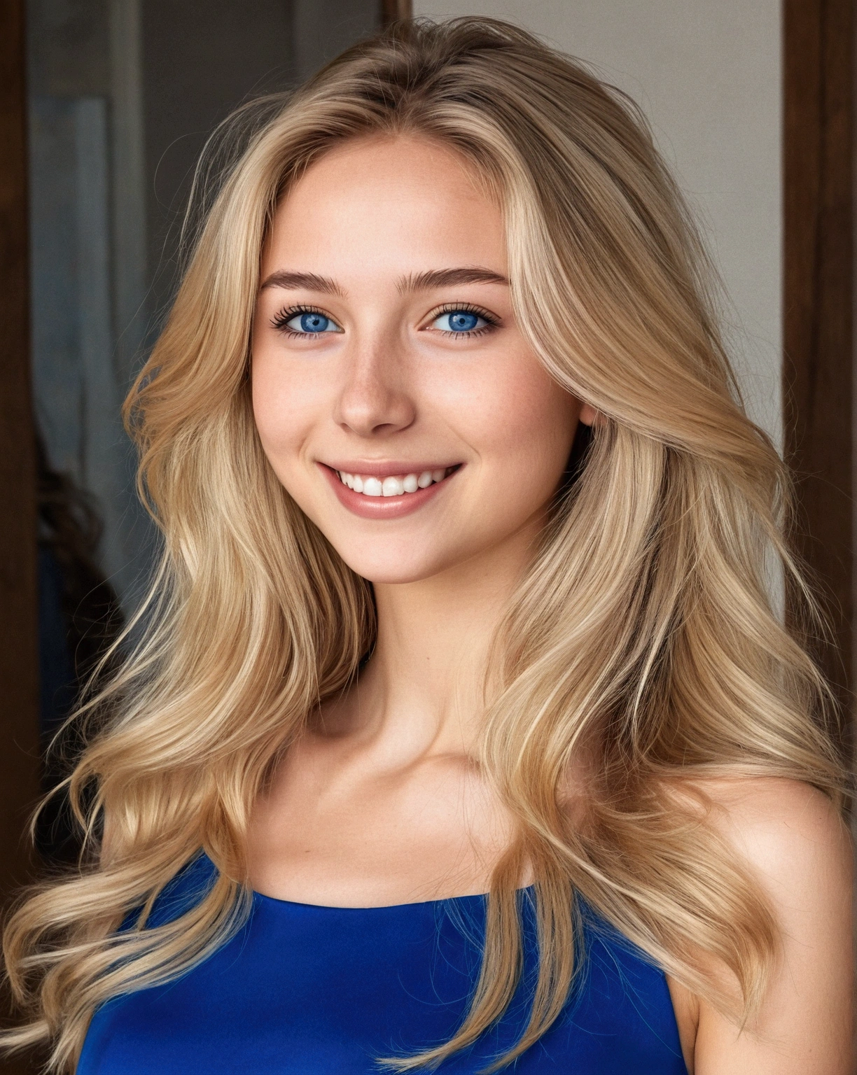 (masterpiece, 32k, realistic effects in photo) a young woman, thin face, European reference, 19 years old, thin blue dress, (full body photo, long flowing dress), deep blue eyes, blonde hair, spectacularly beautiful face, expression sweet face and wide smile 1.7, blue dress, flowing hair, big side bottom