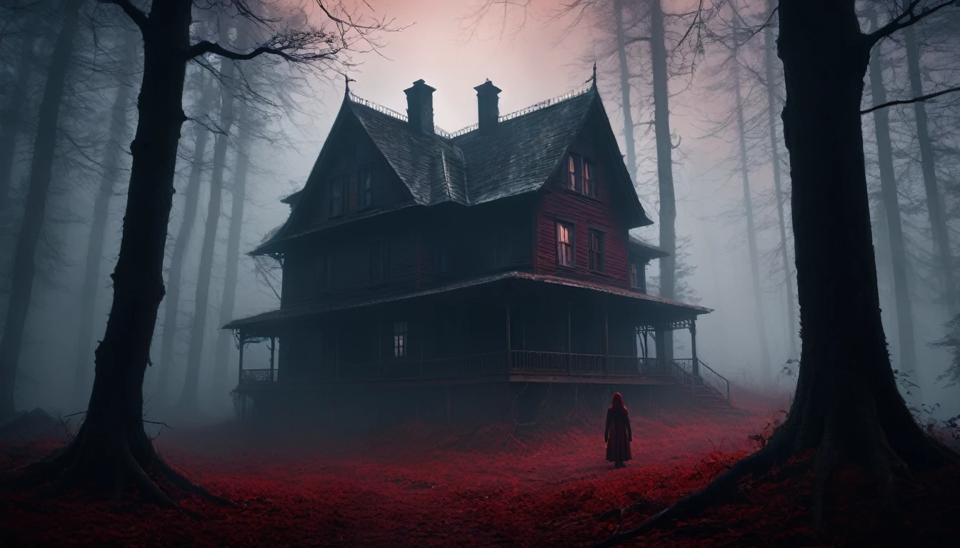 a house in a misty forest, tenebrosa!, dark eerie movie frame, behind her there is an atmosphere, scary reddish, foreboding background,reddish, nostalgic and mysterious concept art, horror movie still realistic image, weirdcore!, shadowy and eerie character, eerie person silhouette, foreboding and eerie lighting, arte conceitual de terror, kramskoy 4 mil