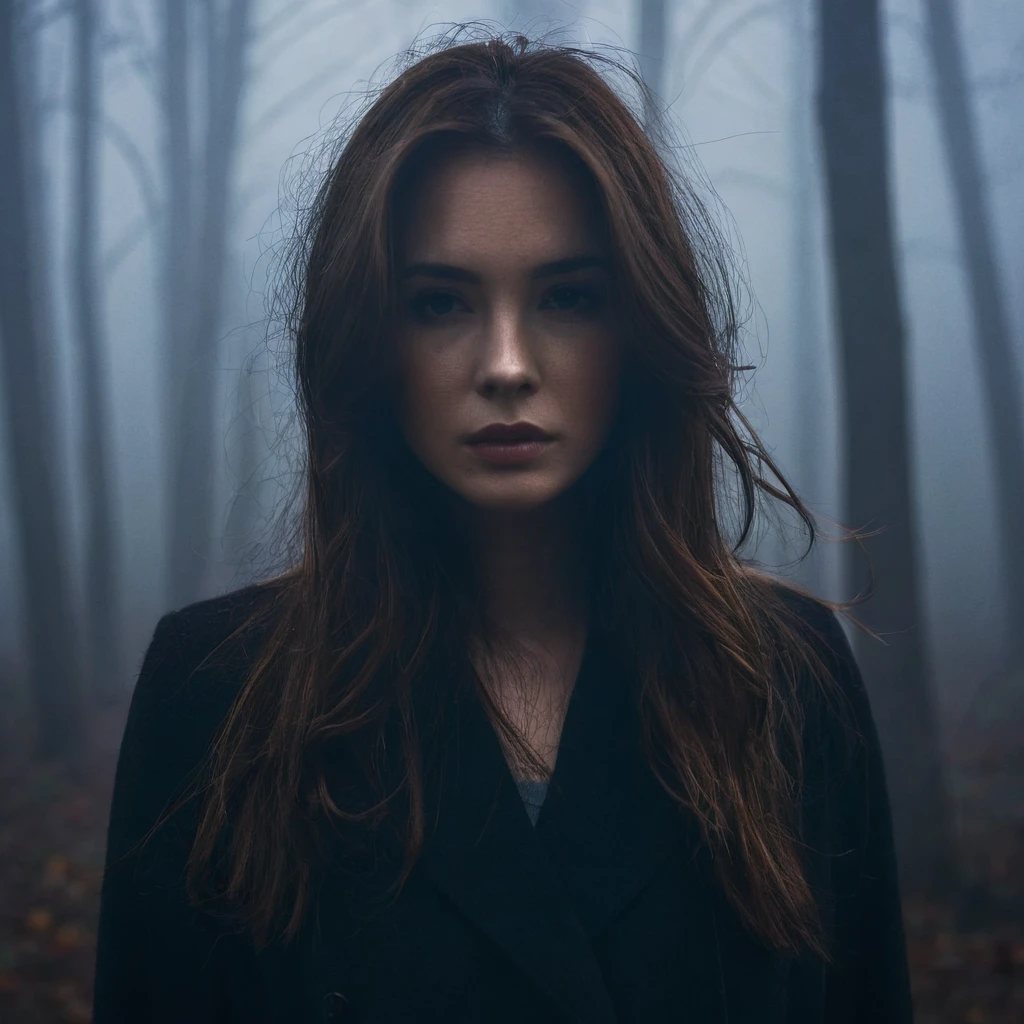 a woman, with brown hair, darkness, dark, foggy, mysterious