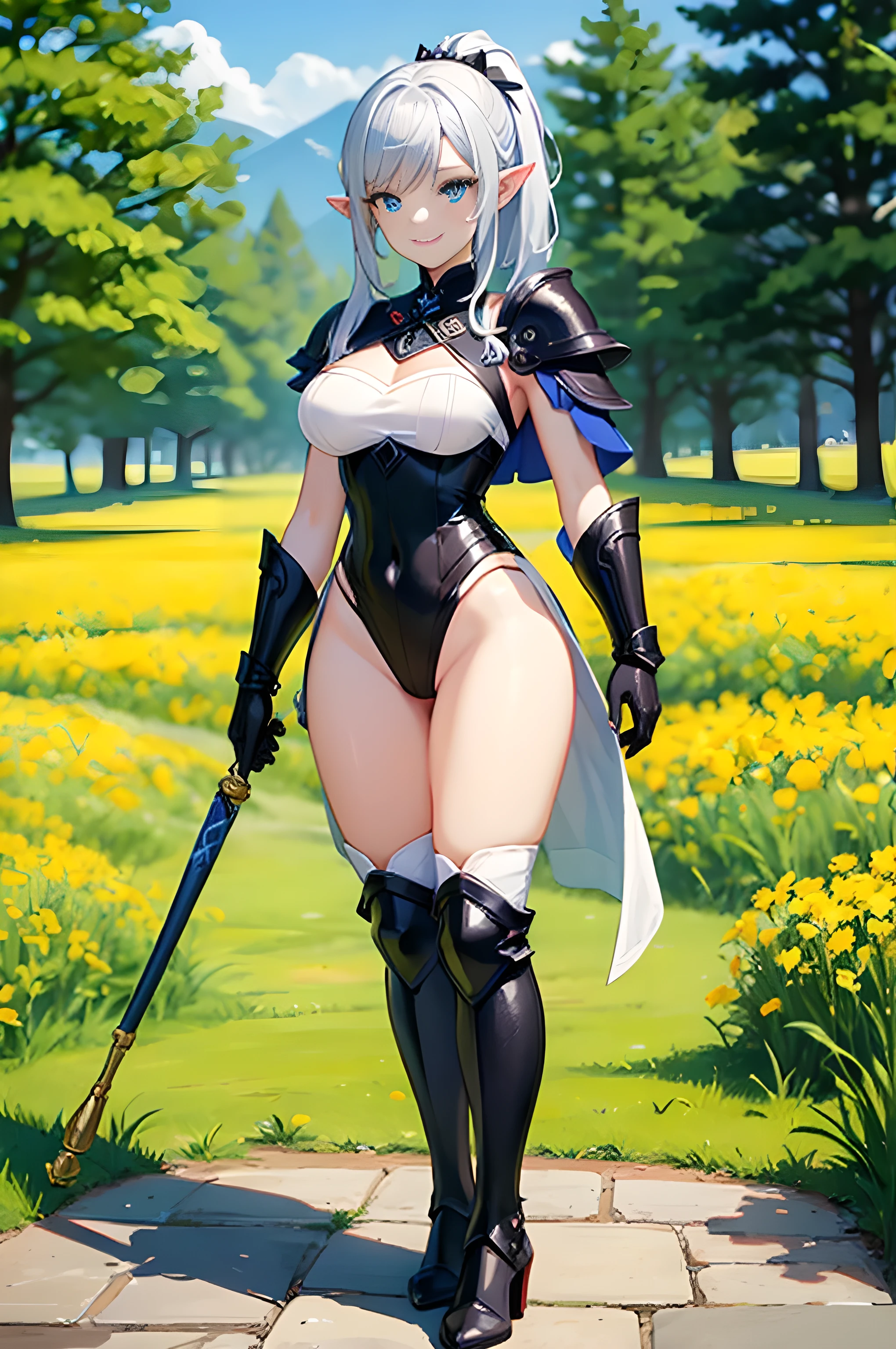 Masterpiece, 1elf girl, pointy ears, perfect face, smile, blue eyes, gentle look, ponytail hair, silver hair, perfect body, medium , pale skin, {sexy white leotard}, shoulder pads, {black armored gloves}, {black armored boots}, {waist cape}, meadow, day, standing, full body, Genshin Impact style