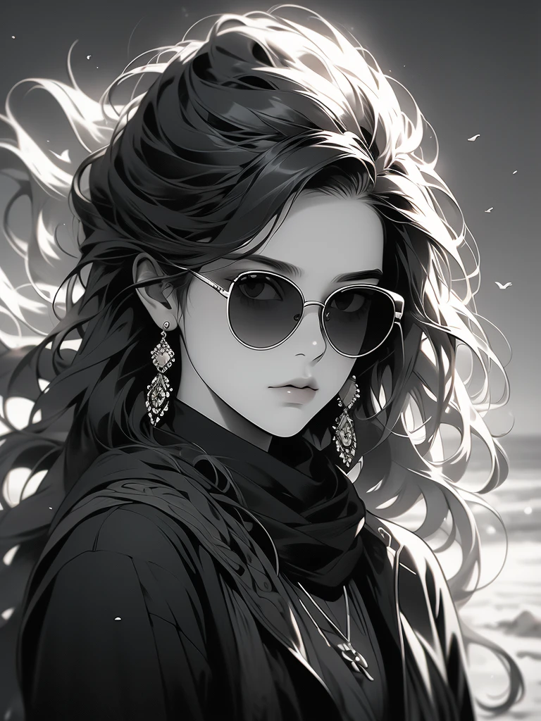 woman in black jacket wearing sunglasses and a scarf blowing wind around face, greyscale, solo, monochrome, jewelry, sunglasses, earrings, long hair, 1girl